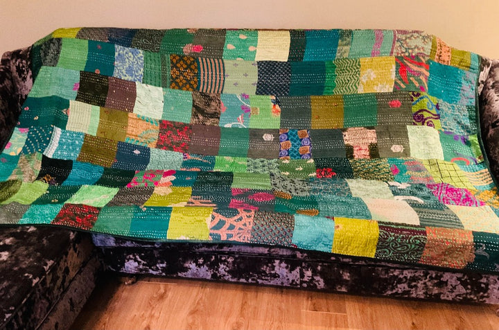 Handmade Indian Kantha Recycled Multi Colour Green Patchwork Cotton Sari Throw Bedspread Cover 150 cm x 229 cm