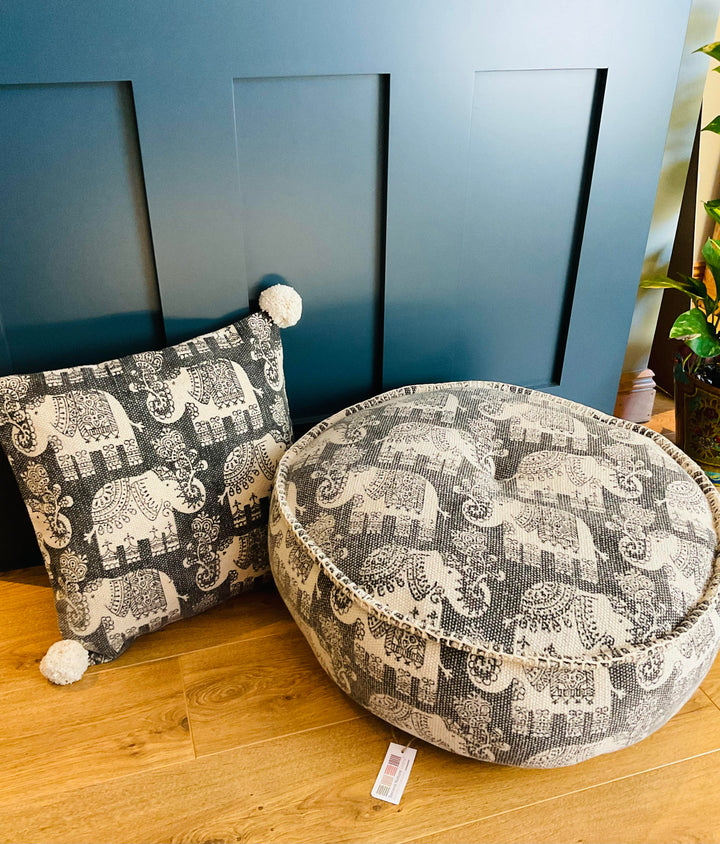 Elephant Print Cushion Covers Soft Cotton With Pom Poms