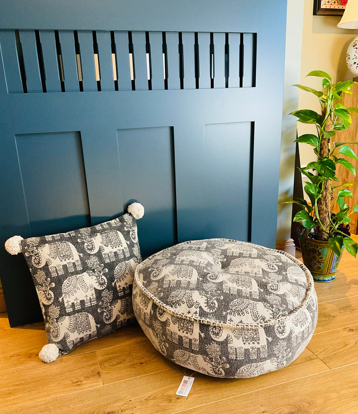 Elephant Print Cushion Covers Soft Cotton With Pom Poms