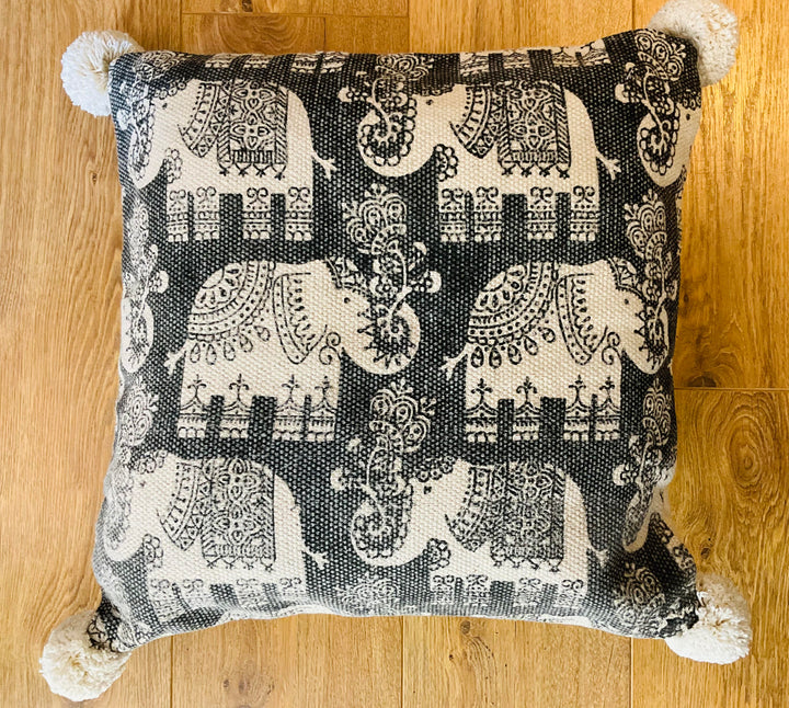 Elephant Print Cushion Covers Soft Cotton With Pom Poms
