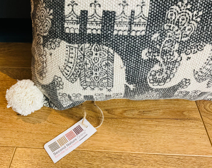 Elephant Print Cushion Covers Soft Cotton With Pom Poms