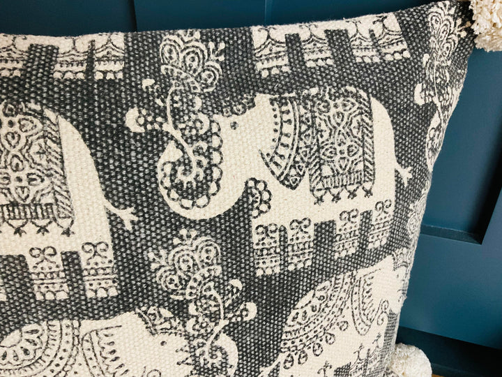 Elephant Print Cushion Covers Soft Cotton With Pom Poms
