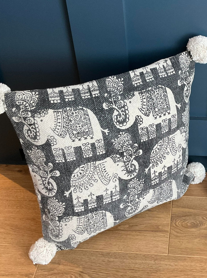 Elephant Print Cushion Covers Soft Cotton With Pom Poms