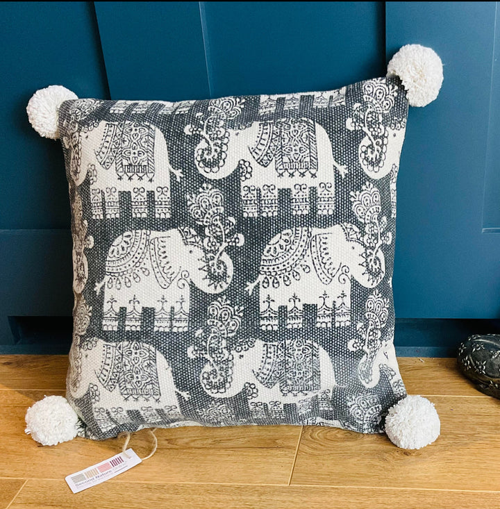 Elephant Print Cushion Covers Soft Cotton With Pom Poms