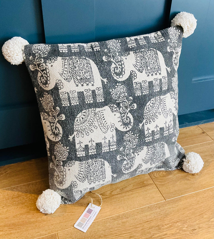 Elephant Print Cushion Covers Soft Cotton With Pom Poms
