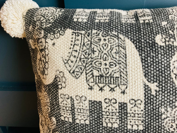 Elephant Print Cushion Covers Soft Cotton With Pom Poms