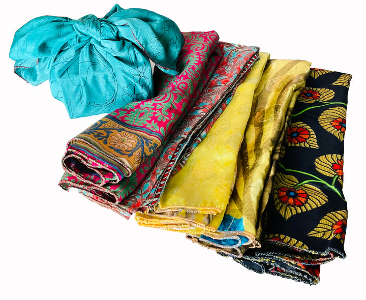 Recycled Indian Sari Material Gift Wrap Colourful Re-useable 4 Pieces Per Purchase Individual Sari Pieces Hair Wrap Head Scarf 60 cm x 60 cm