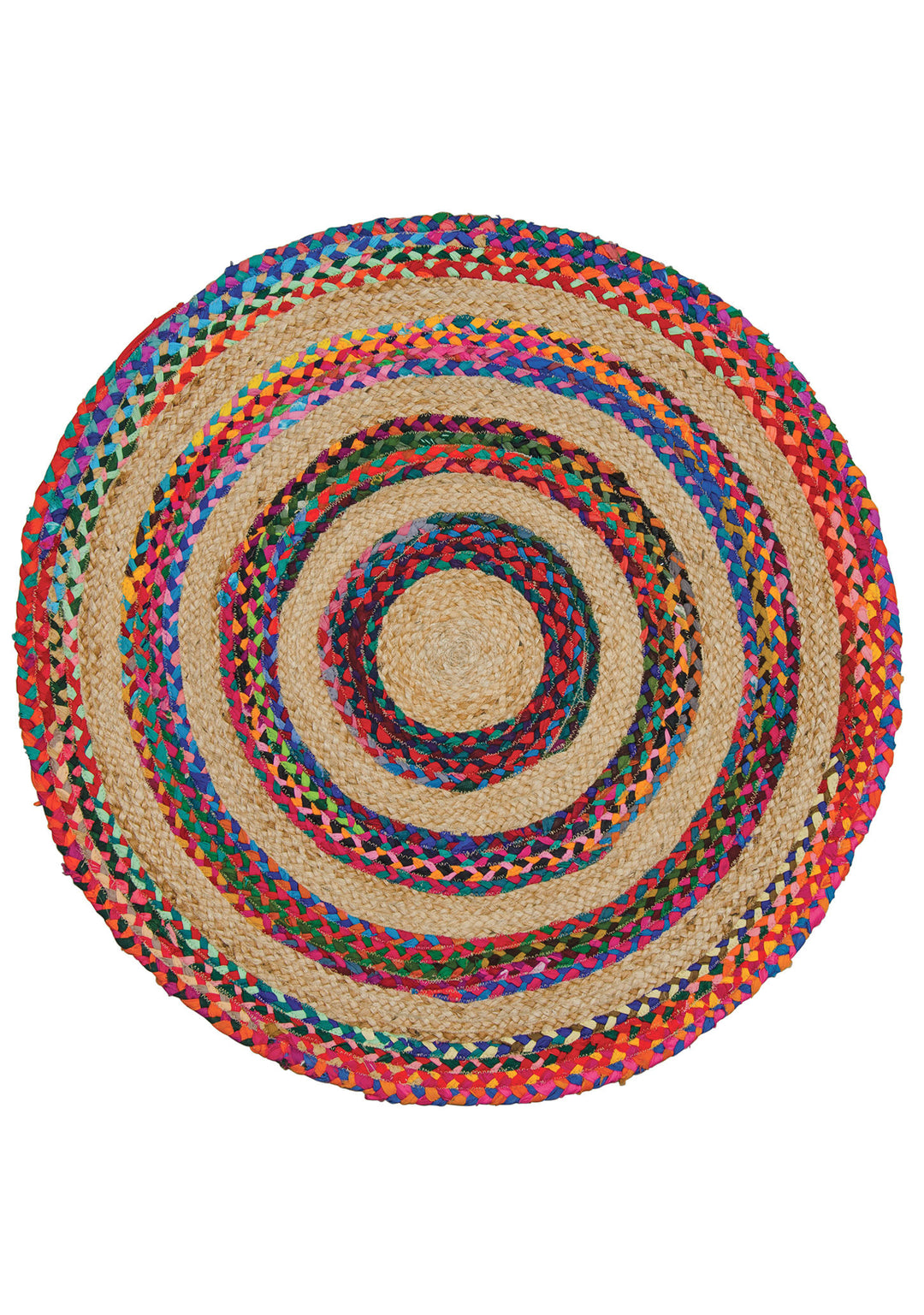 Round Circle Rug with Rainbow Multi Colour Recycled Cotton and Jute Rug