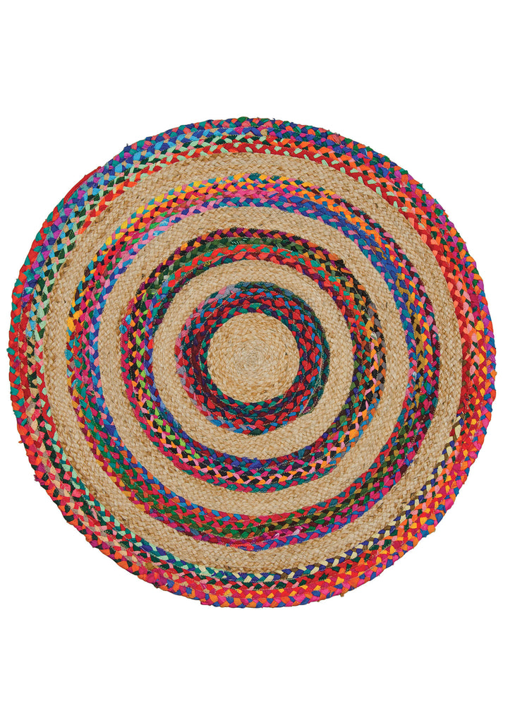 Round Circle Rug with Rainbow Multi Colour Recycled Cotton and Jute Rug