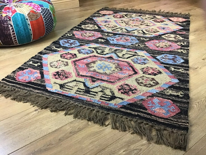 Wool Hand Loomed Beige Black and Pink Kilim 90cm x 150cm