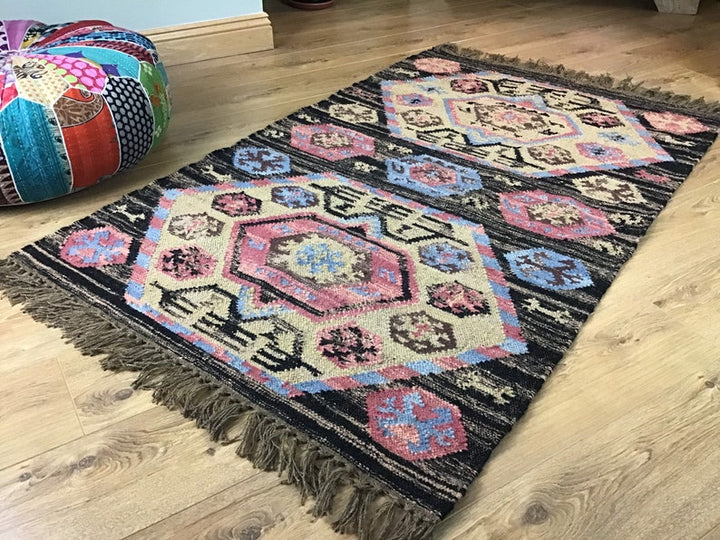 Wool Hand Loomed Beige Black and Pink Kilim 90cm x 150cm