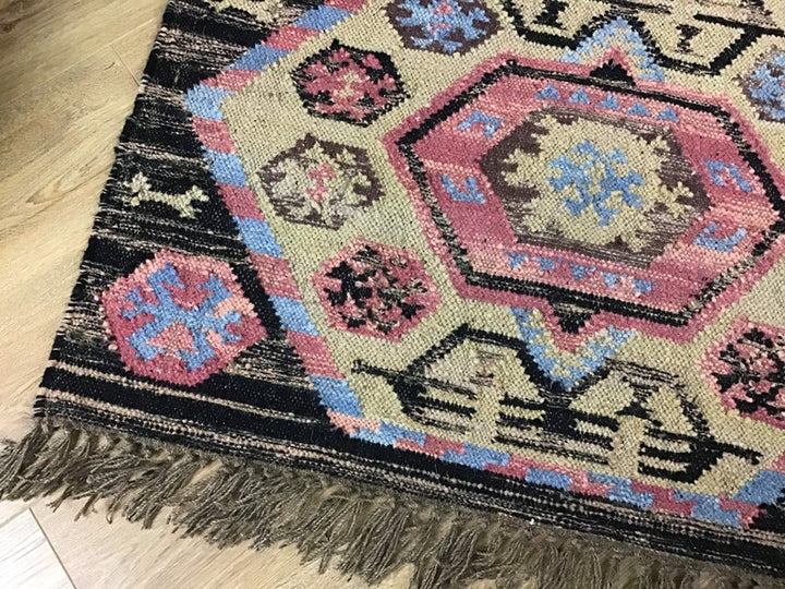 Wool Hand Loomed Beige Black and Pink Kilim 90cm x 150cm