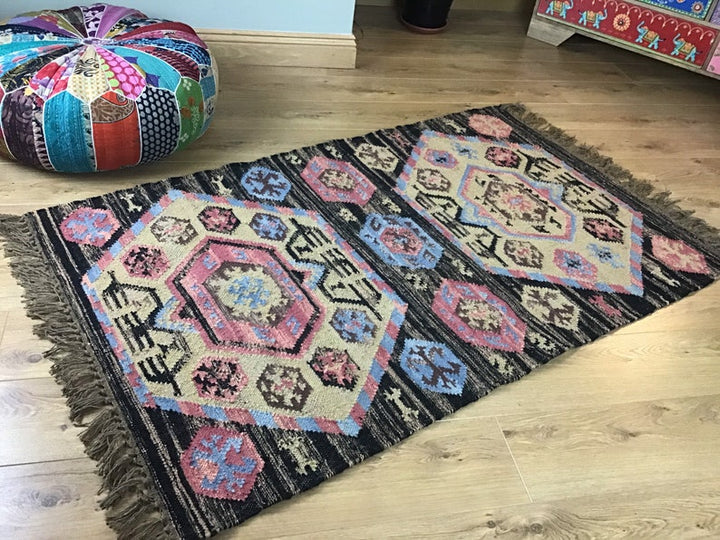 Wool Hand Loomed Beige Black and Pink Kilim 90cm x 150cm