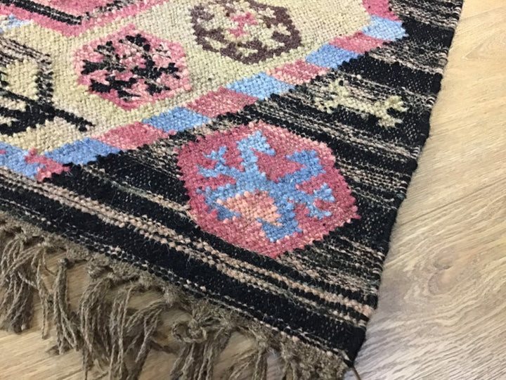 Wool Hand Loomed Beige Black and Pink Kilim 90cm x 150cm