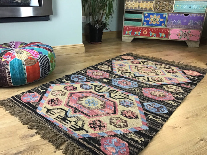 Wool Hand Loomed Beige Black and Pink Kilim 90cm x 150cm