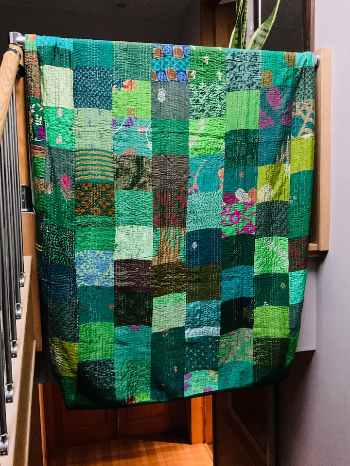 Handmade Indian Kantha Recycled Multi Colour Green Patchwork Cotton Sari Throw Bedspread Cover 150 cm x 229 cm