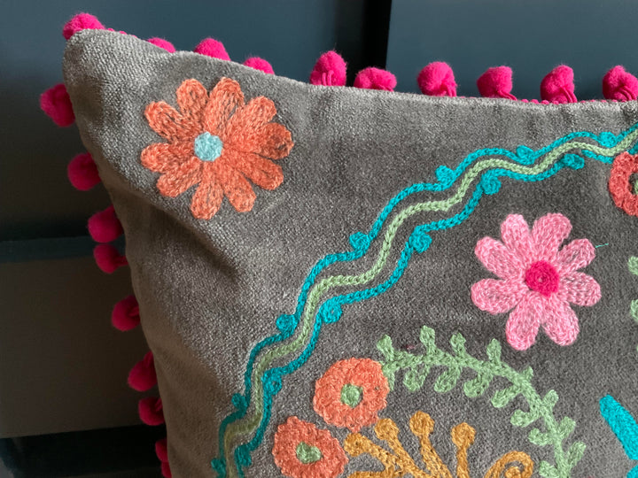 Velvet Cotton Grey Embroidered Cushion Cover With Multi Colour Embroidery and Pom Pom's 35 cm x 50 cm