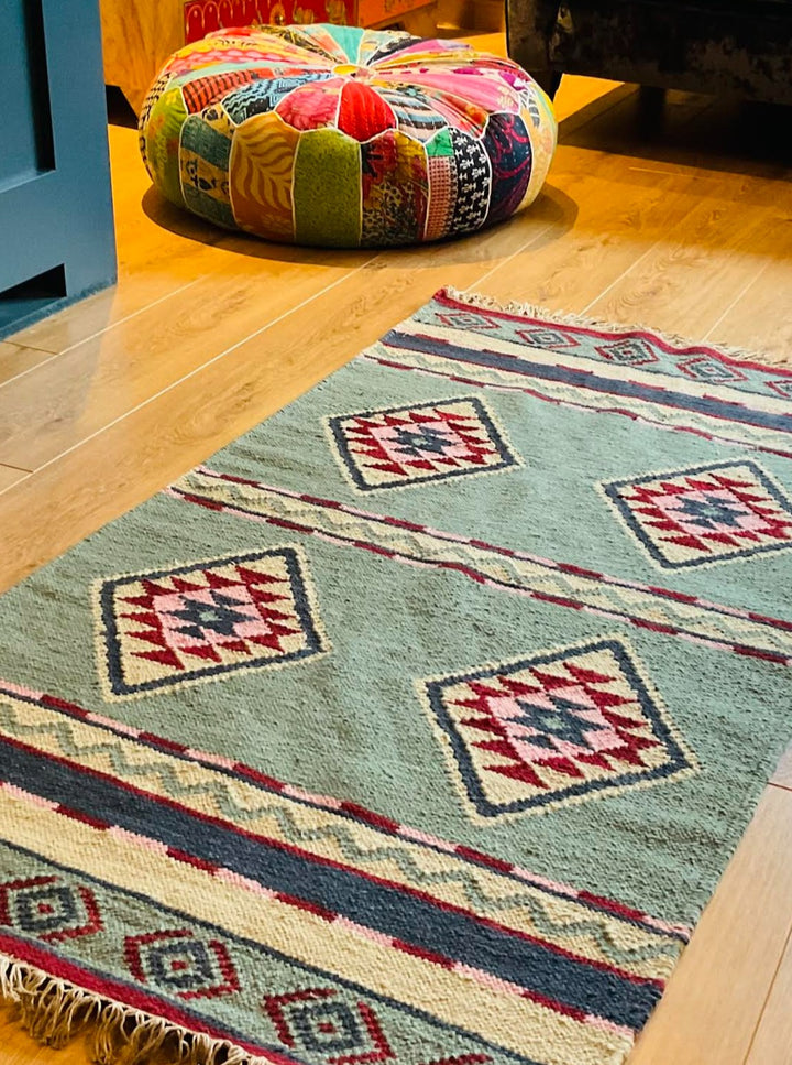 Hand Woven Multi Colour Diamond Geometric Wool and Cotton Kilim Rug 75 cm x 135 cm