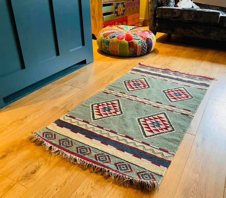 Hand Woven Multi Colour Diamond Geometric Wool and Cotton Kilim Rug 75 cm x 135 cm