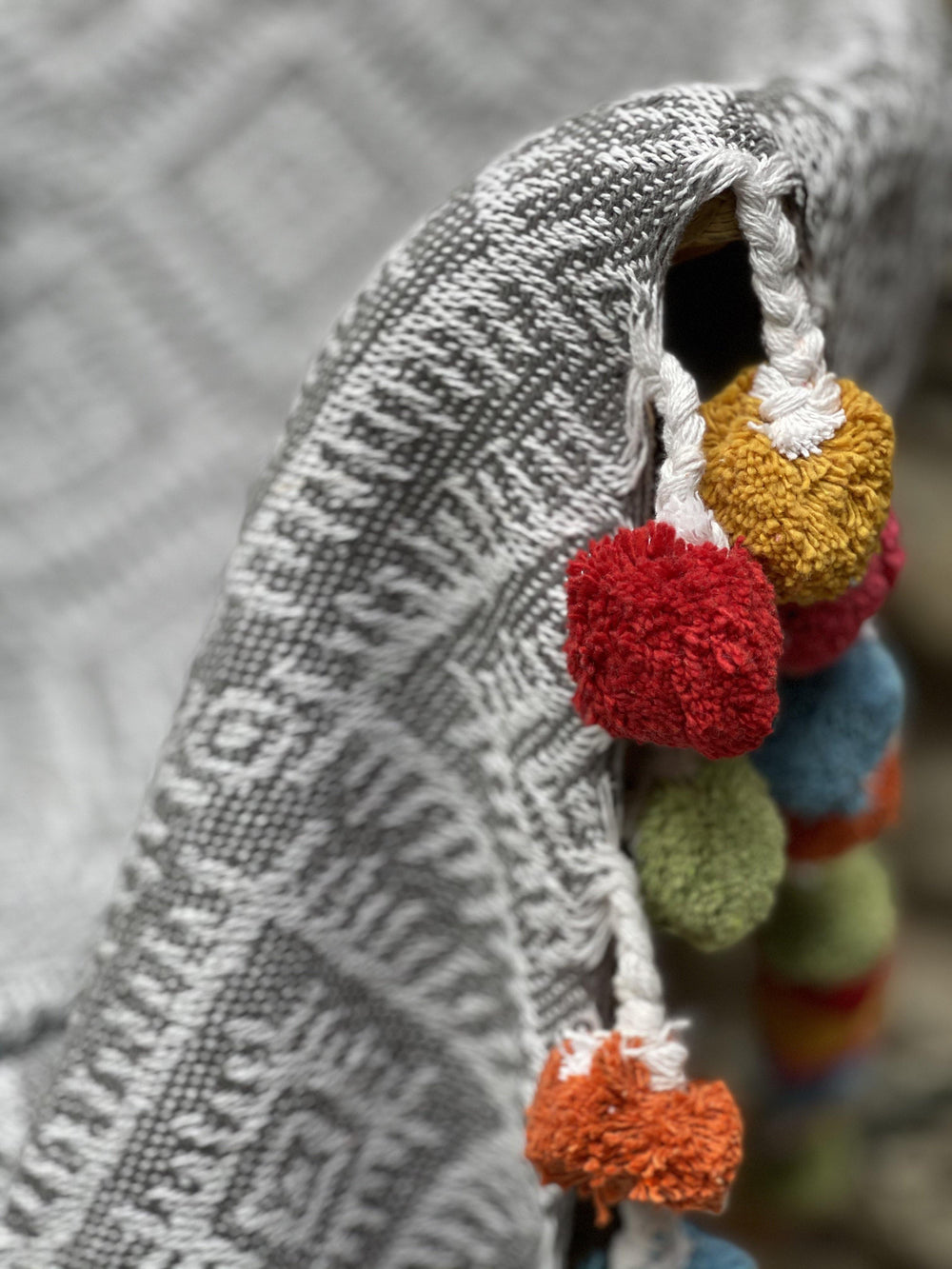 Grey Recycled Cotton Throw with Multi Colour Pom Poms - Second Nature Online