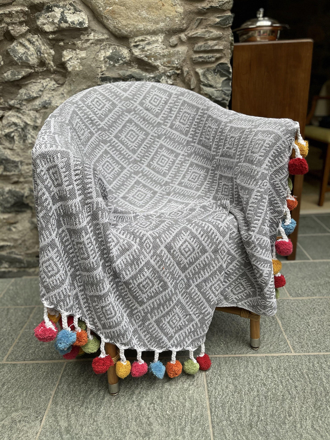 Grey Recycled Cotton Throw with Multi Colour Pom Poms - Second Nature Online
