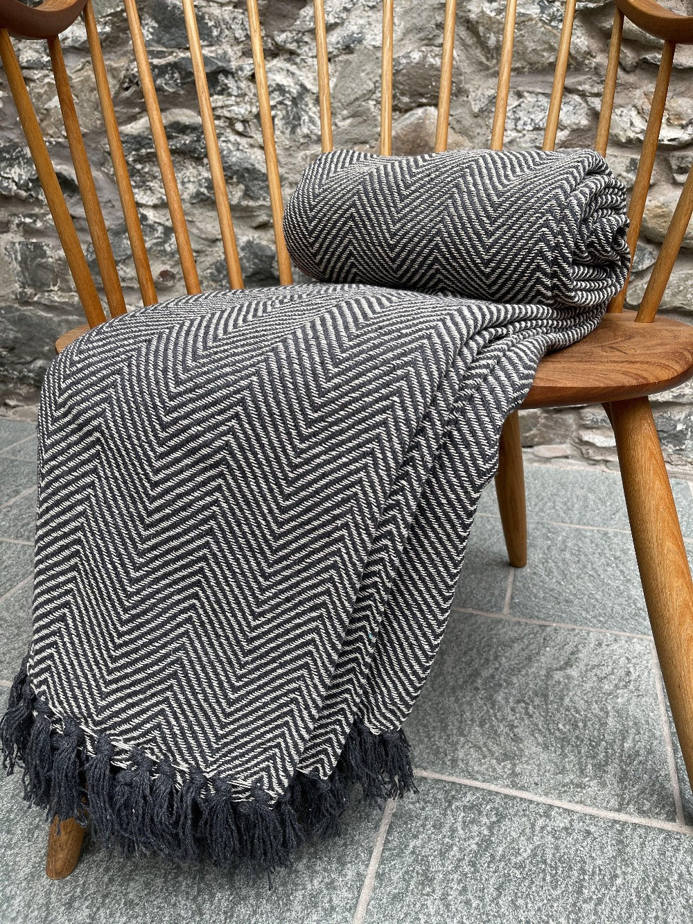 Large Grey Throw in Heavy Cotton with Herringbone Design - Second Nature Online