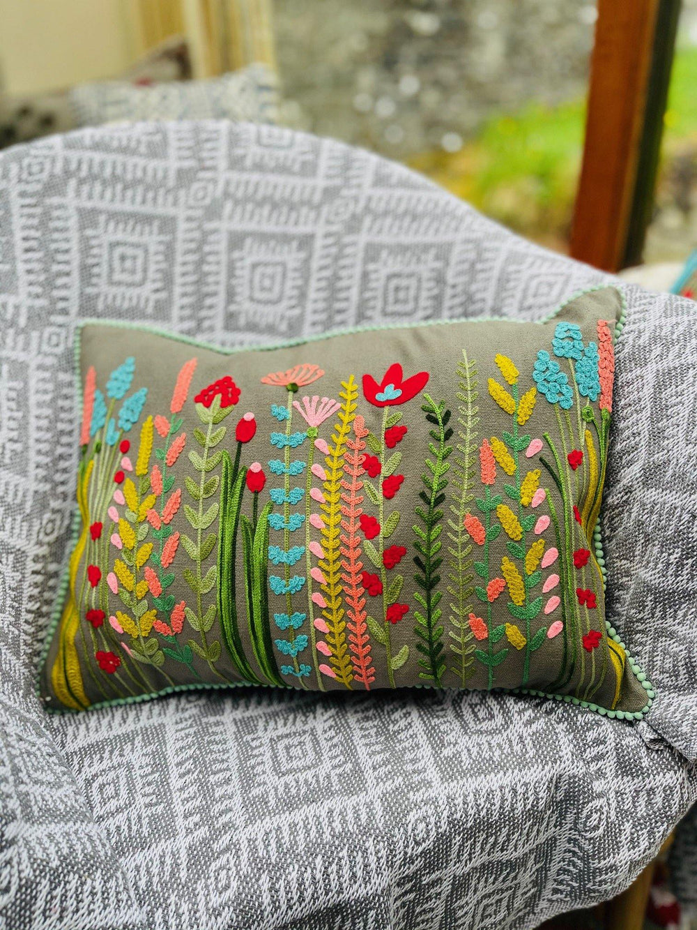 Embroidered Cushion Cover Indian with Abstract Floral Design - Second Nature Online