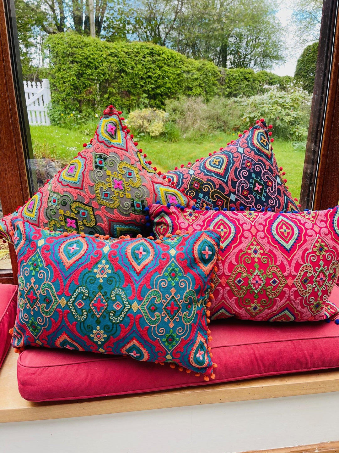 Farisha Embroidered Indian Cushion Cover with Mini Pom Poms - Second Nature Online