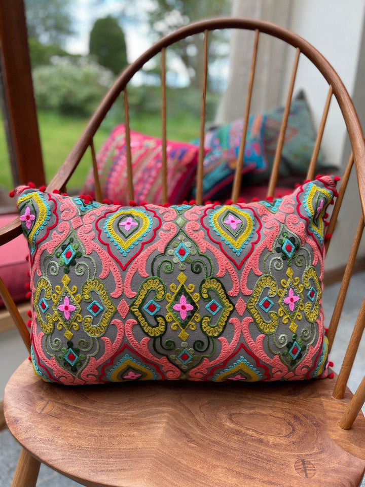 Farisha Embroidered Indian Cushion Cover with Mini Pom Poms - Second Nature Online