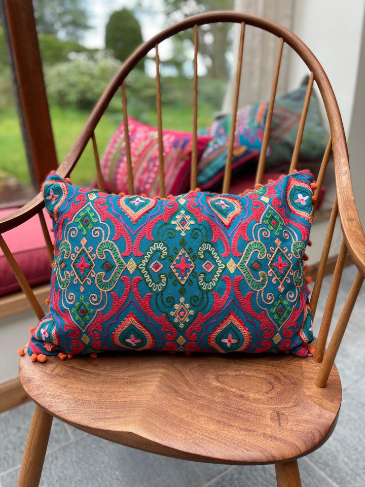 Farisha Embroidered Indian Cushion Cover with Mini Pom Poms - Second Nature Online