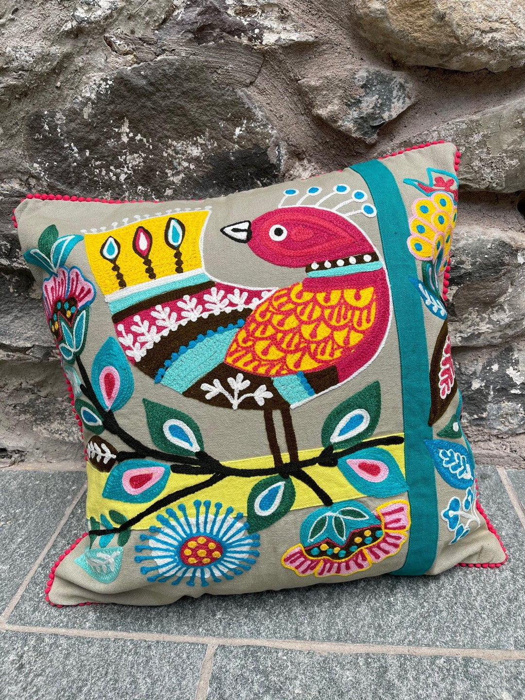 Indian Birds Embroidered Cushion Cover in Multi Colour Cotton - Second Nature Online