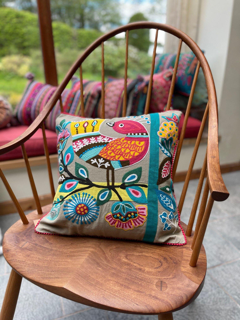 Indian Birds Embroidered Cushion Cover in Multi Colour Cotton - Second Nature Online