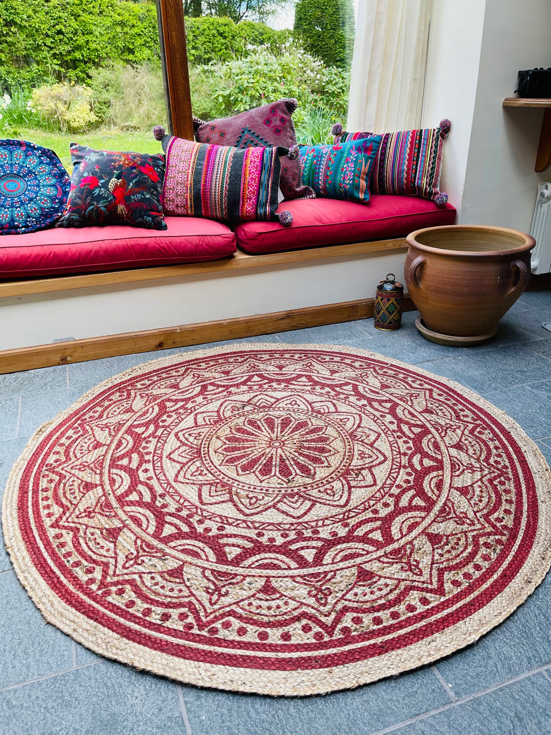 MANDALA Pattern Round Red Rug Jute with Block Print