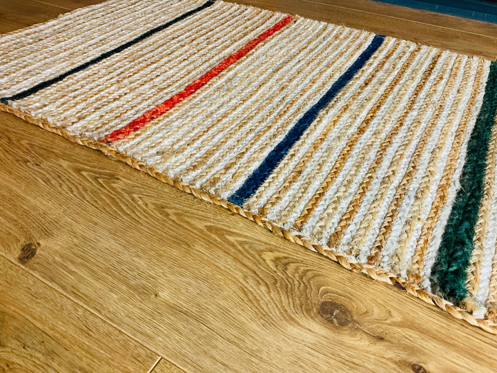 Jute Rug Natural Braided with Multi Coloured Striped Runner