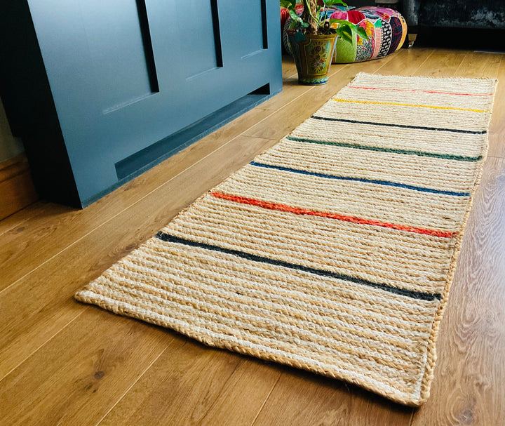 Jute Rug Natural Braided with Multi Coloured Striped Runner