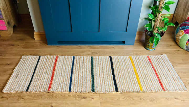Jute Rug Natural Braided with Multi Coloured Striped Runner