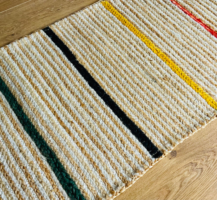 Jute Rug Natural Braided with Multi Coloured Striped Runner