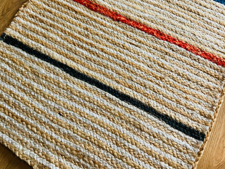 Jute Rug Natural Braided with Multi Coloured Striped Runner