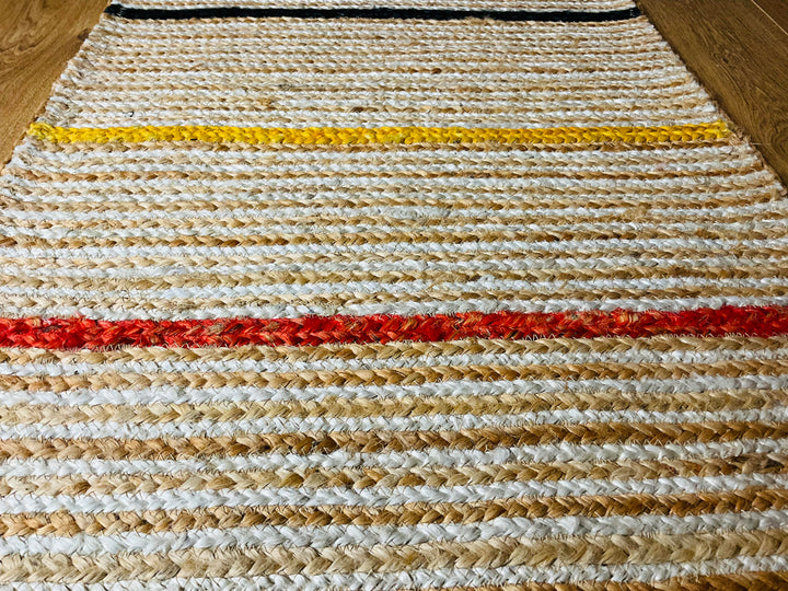 Jute Rug Natural Braided with Multi Coloured Striped Runner