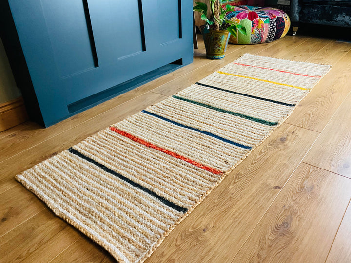 Jute Rug Natural Braided with Multi Coloured Striped Runner