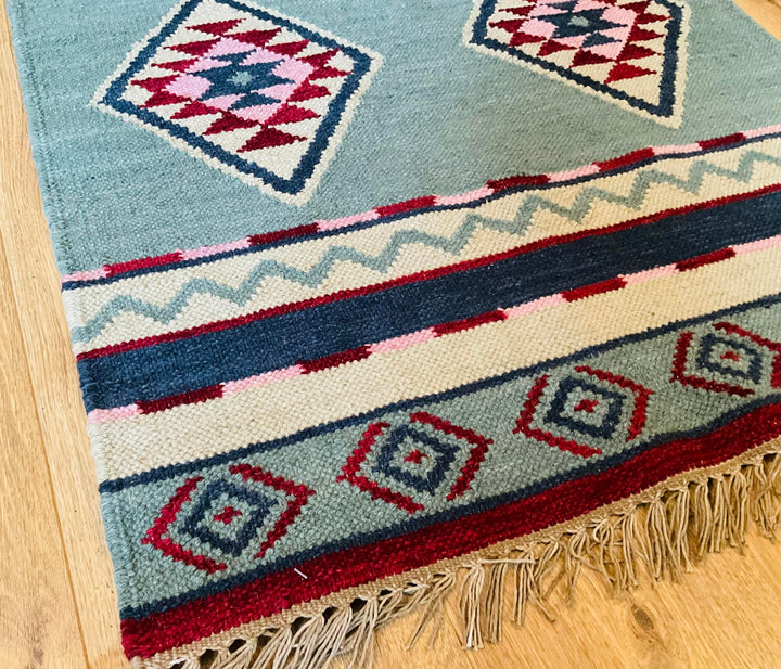Hand Woven Multi Colour Diamond Geometric Wool and Cotton Kilim Rug 75 cm x 135 cm