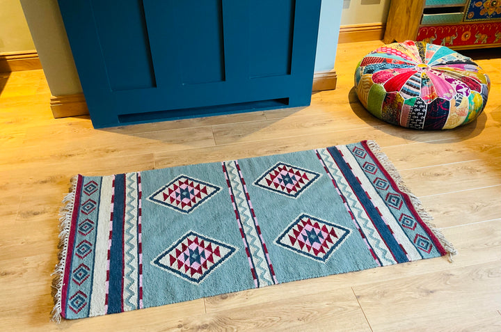 Hand Woven Multi Colour Diamond Geometric Wool and Cotton Kilim Rug 75 cm x 135 cm