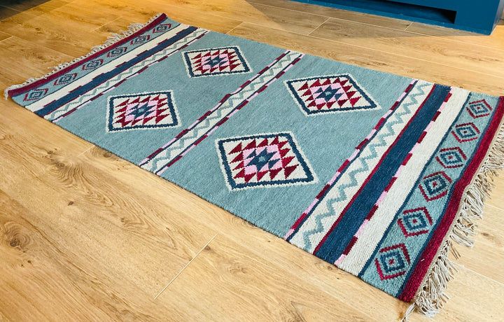 Hand Woven Multi Colour Diamond Geometric Wool and Cotton Kilim Rug 75 cm x 135 cm