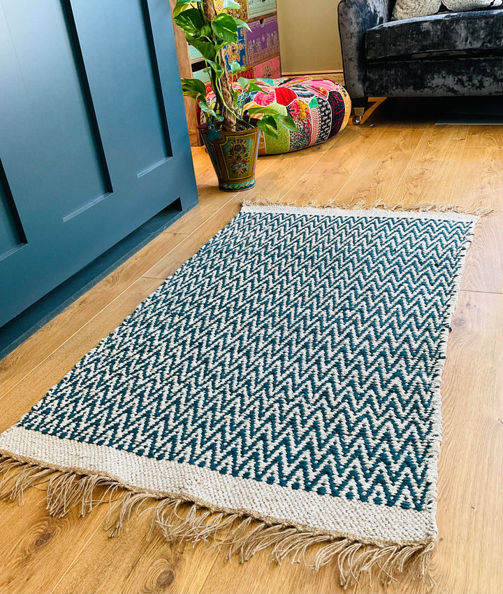 GRETA Soft Bedroom Rug Mallard Blue Herringbone Pattern 70 cm x 115 cm