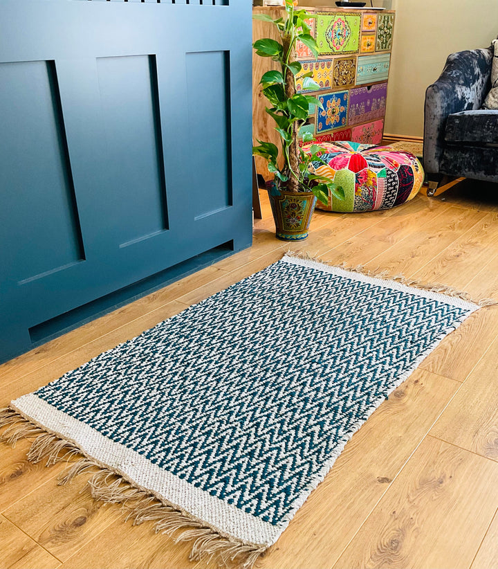 GRETA Soft Bedroom Rug Mallard Blue Herringbone Pattern 70 cm x 115 cm