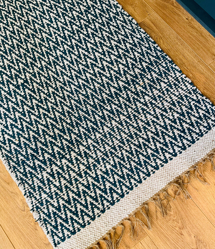GRETA Soft Bedroom Rug Mallard Blue Herringbone Pattern 70 cm x 115 cm