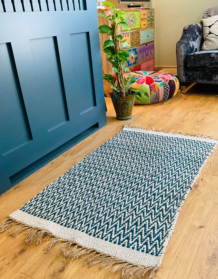 GRETA Soft Bedroom Rug Mallard Blue Herringbone Pattern 70 cm x 115 cm