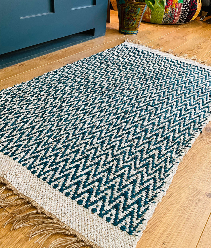 GRETA Soft Bedroom Rug Mallard Blue Herringbone Pattern 70 cm x 115 cm