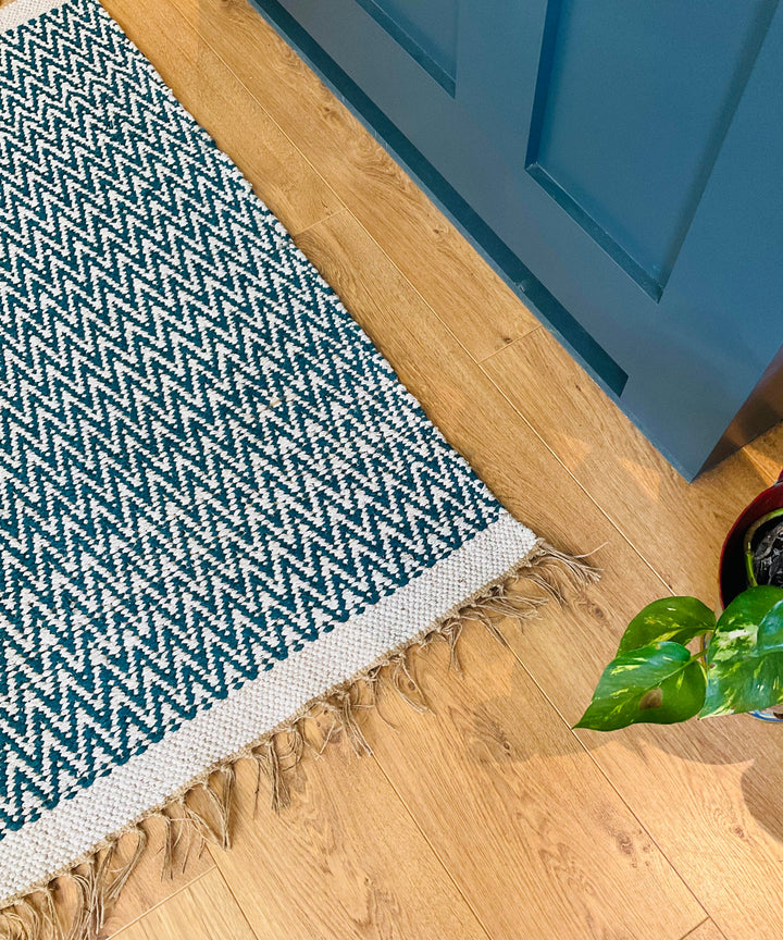 GRETA Soft Bedroom Rug Mallard Blue Herringbone Pattern 70 cm x 115 cm