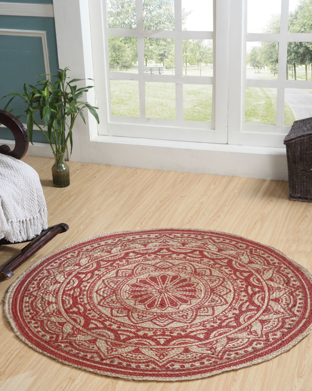 Mandala Pattern Round Red Rug Jute with Block Print Second Nature Online